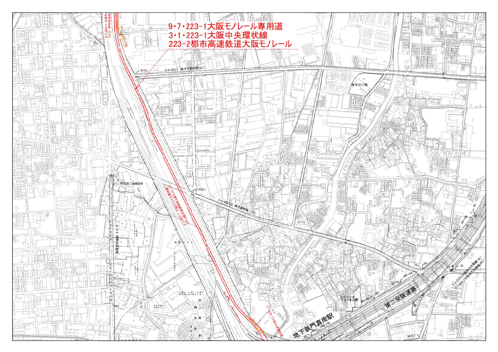門真市、大阪市、大東市域の縮尺が２５００分の１の計画図を４分割した内の北から２枚目です。