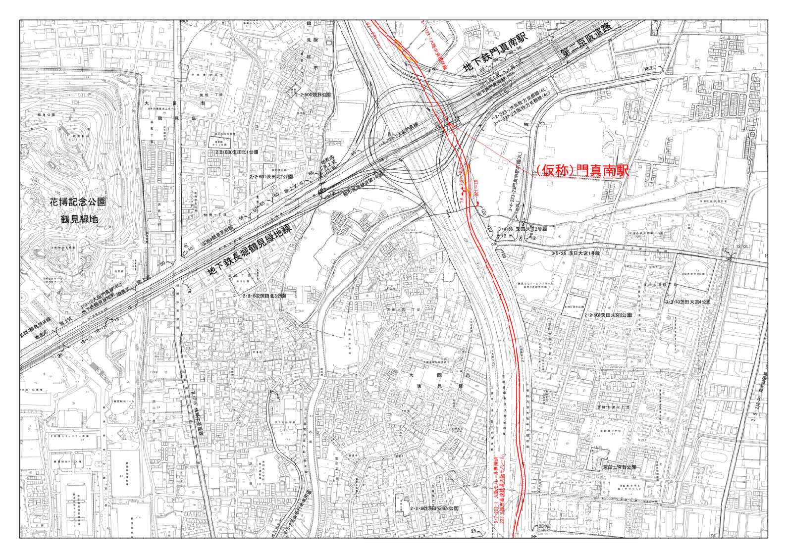 門真市、大阪市、大東市域の縮尺が２５００分の１の計画図を４分割した内の北から３枚目です。