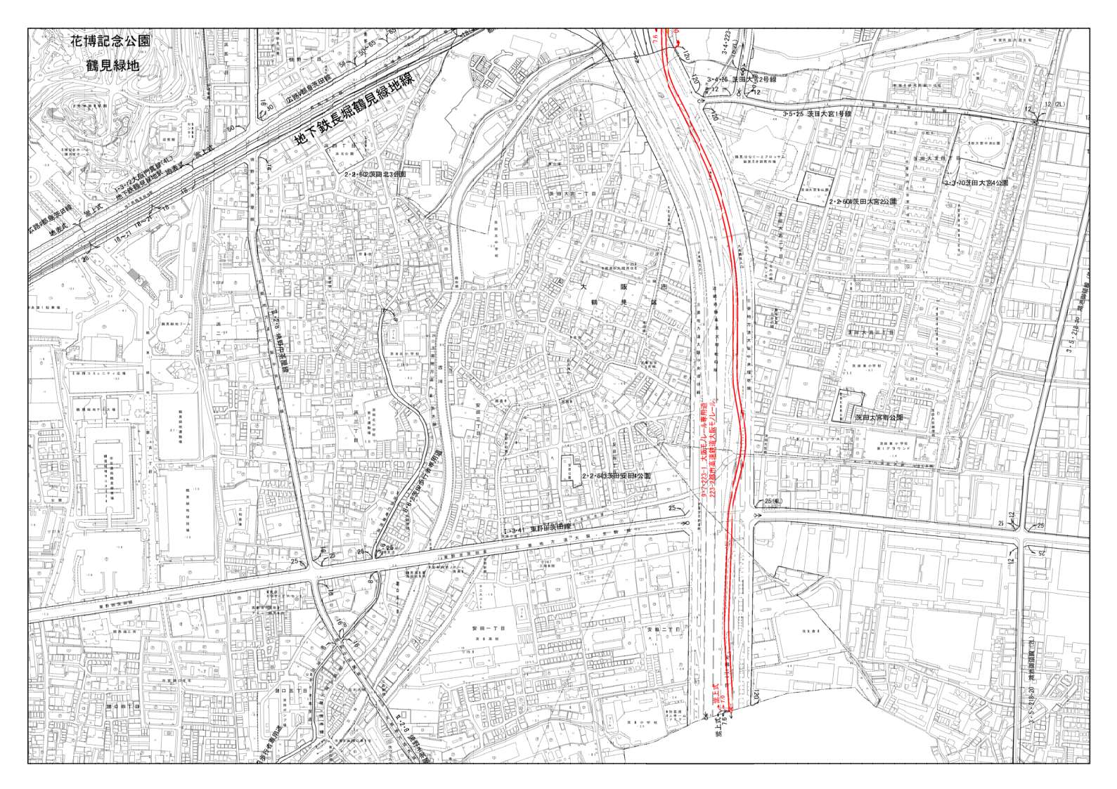 門真市、大阪市、大東市域の縮尺が２５００分の１の計画図を４分割した内の北から４枚目です。