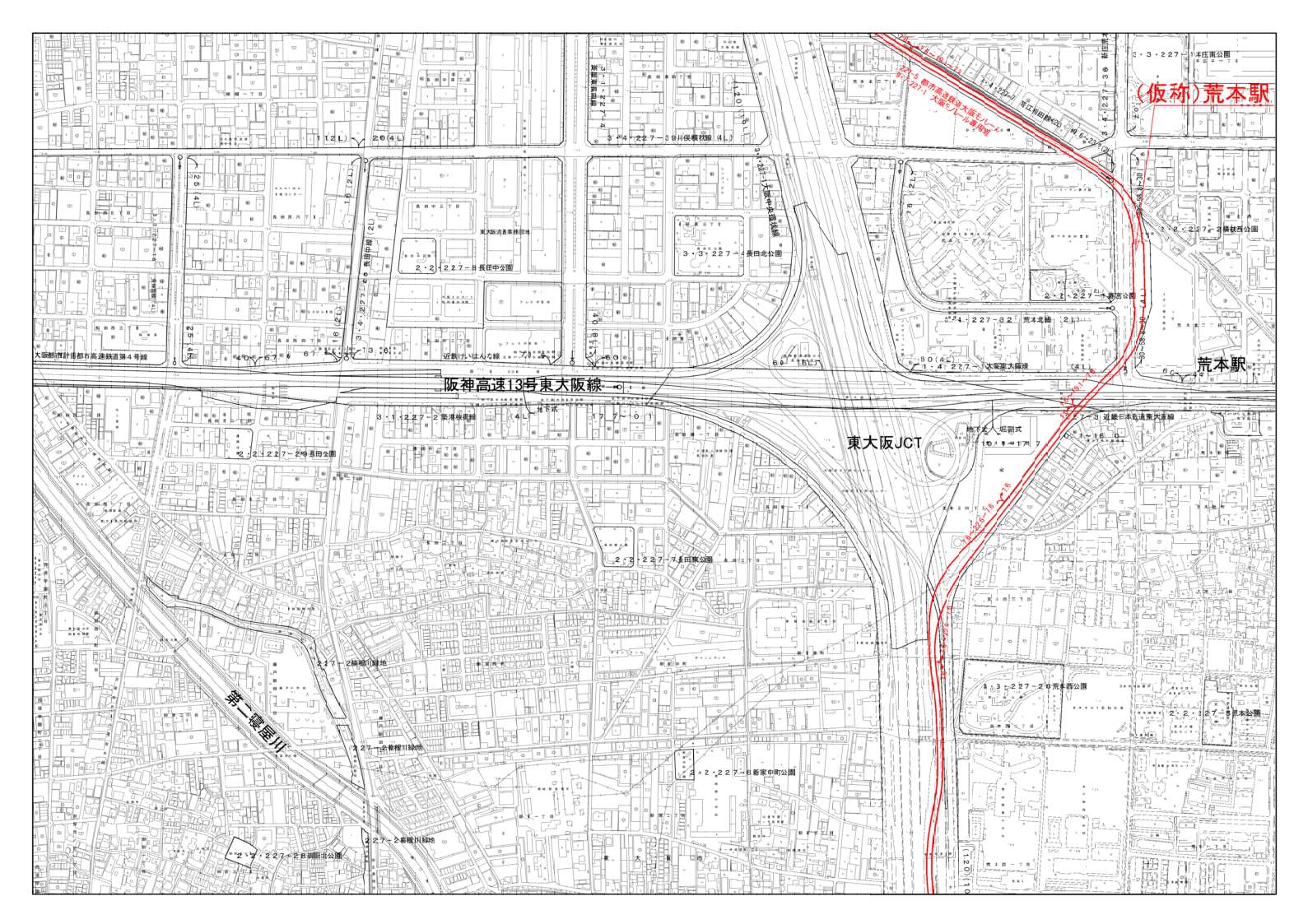 東大阪市域の縮尺が２５００分の１の計画図を４分割した内の北から３枚目です。