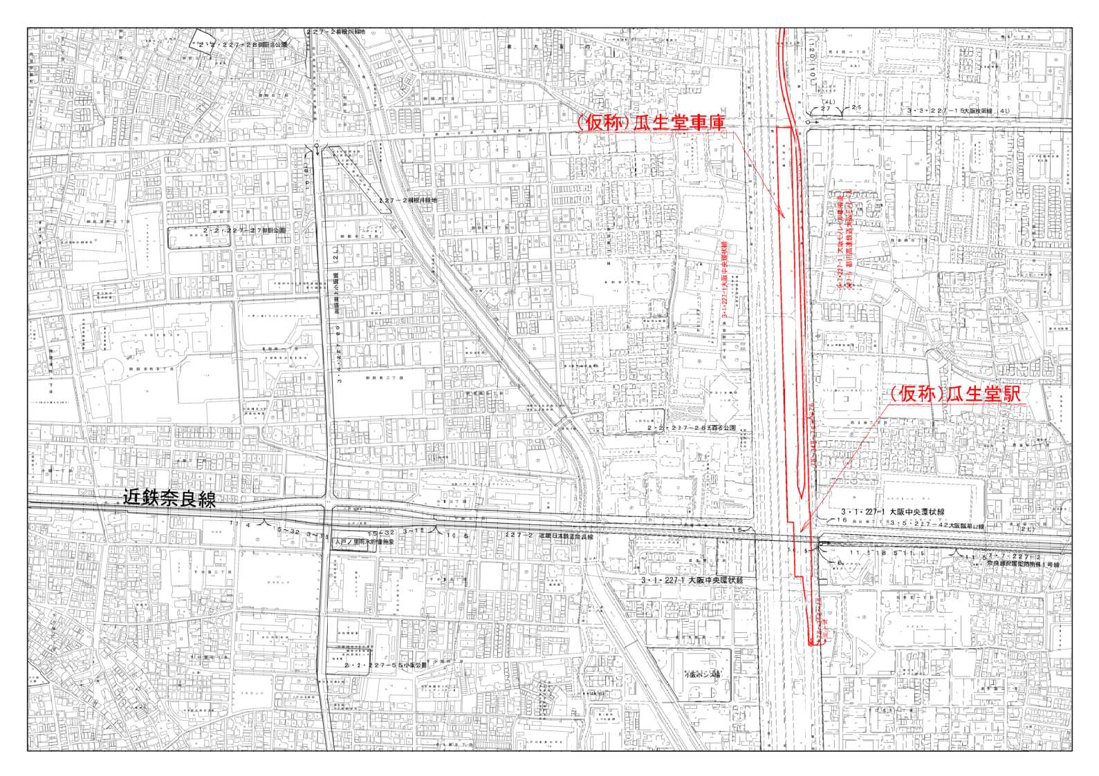 東大阪市域の縮尺が２５００分の１の計画図を４分割した内の北から４枚目です。