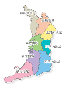 大阪府を８つの地域に分割した地図