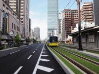 あべのハルカスと緑化された阪堺電車の写真
