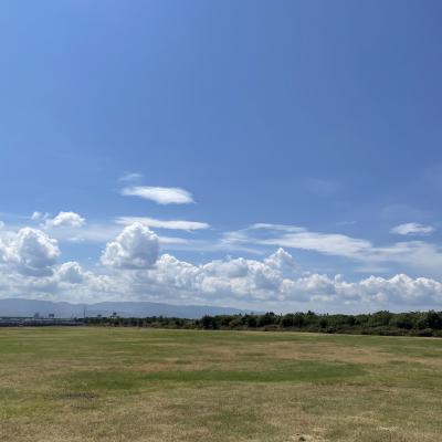 青い空と連なる山々を眺める泉大津フェニックス