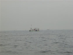 網船が魚群を取り囲んで網のすそを絞り始めた写真