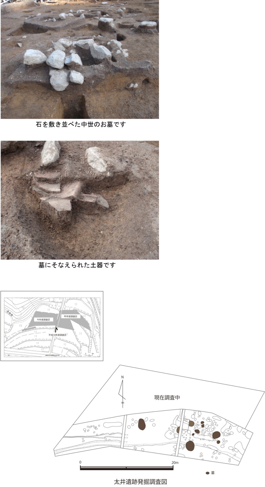 【写真と図面】石をしきならべたちゅうせいのおはか、墓にそなえられた土器　発掘調査全景図