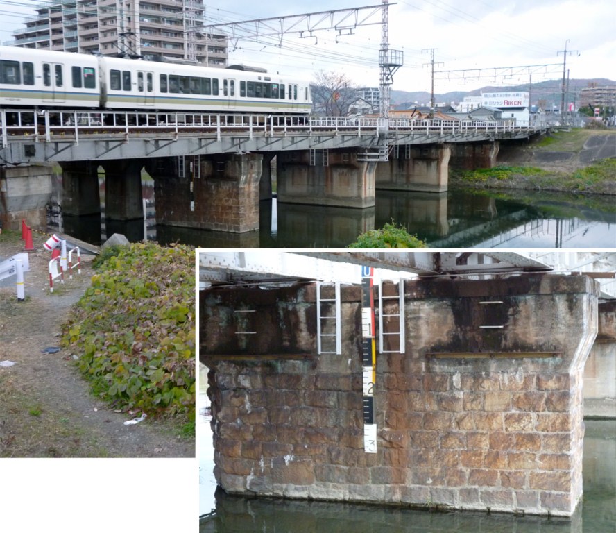 【写真】芥川にかかるJRの橋脚に高槻城の石垣の石が使われています