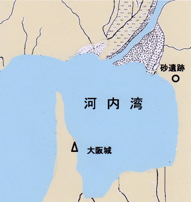 【図】縄文時代中期ころの大阪の地図と砂遺跡の地図