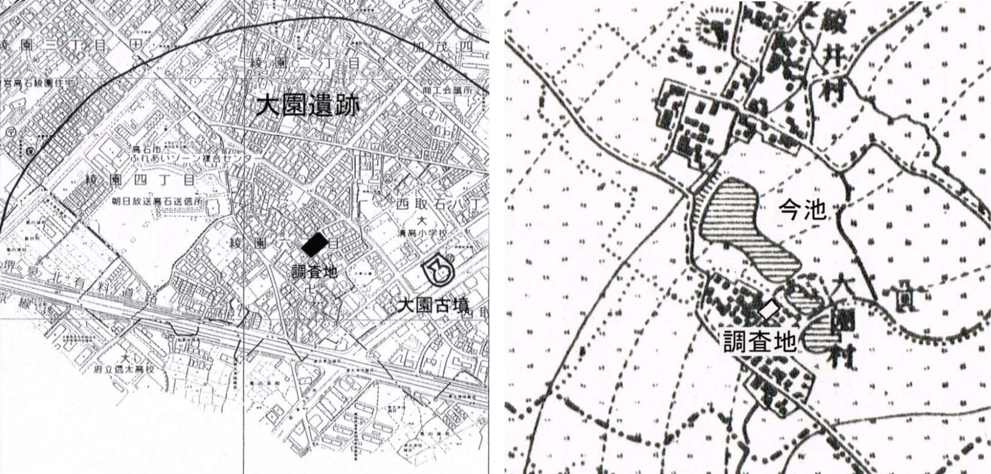 【図】発掘調査地位置図と明治時代の地図に調査地をおとした図面