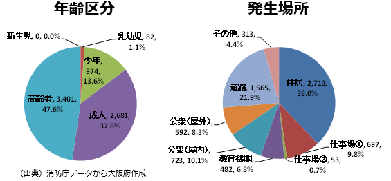 年齢区分別および発生場所別の救急搬送人員数の円グラフ