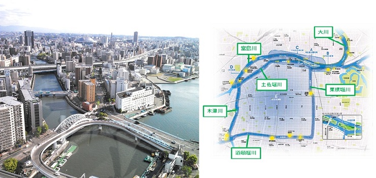中之島ゲートの上空写真と水の回廊の地図