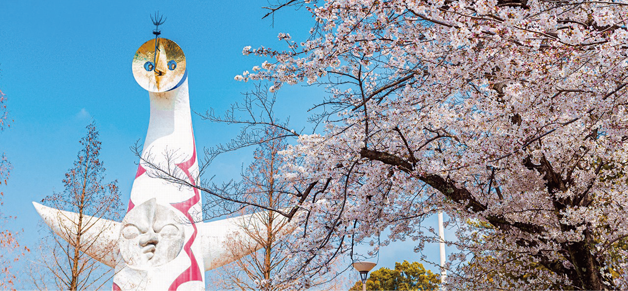 万博記念公園の太陽の塔と桜の画像