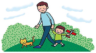 男性・幼児・猫のイラスト