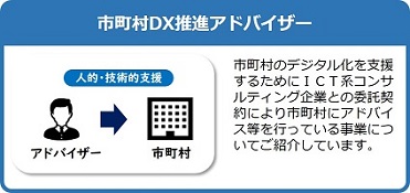 市町村のデジタル化を支援するためにICT系コンサルティング企業との委託契約により市町村にアドバイス等を行っている市町村DX推進アドバイザー事業についてご紹介しているページはこちら