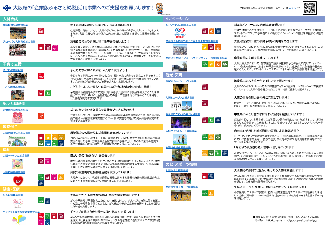 大阪府企業版ふるさと納税の寄附募集事業チラシ