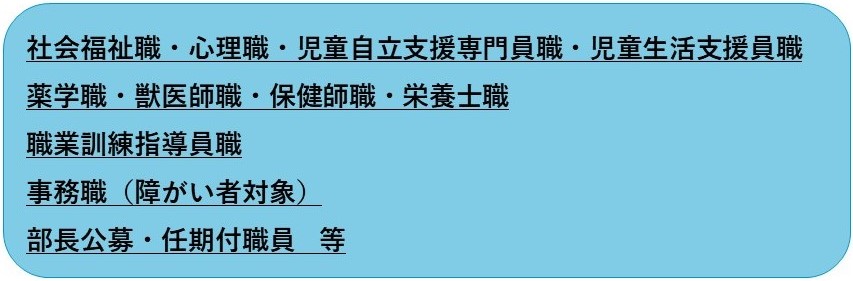 社会福祉職・心理職・児童自立支援専門員職・児童生活支援員職 薬学職・獣医師職・保健師職・栄養士職 職業訓練指導員職 事務職（障が