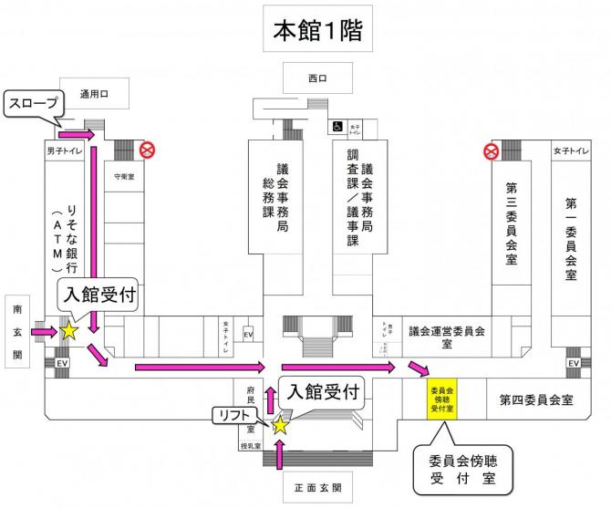 車いす等をご使用の方の傍聴受付案内図