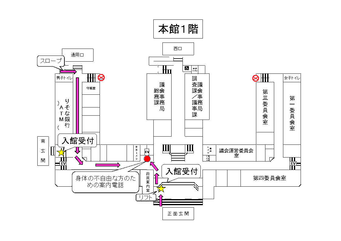車いす等をご使用の方の本会議場案内図
