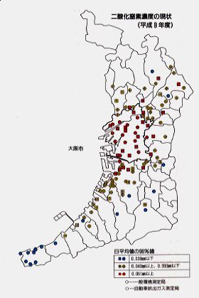 二酸化窒素濃度が環境基準を超えている測定局を表した図