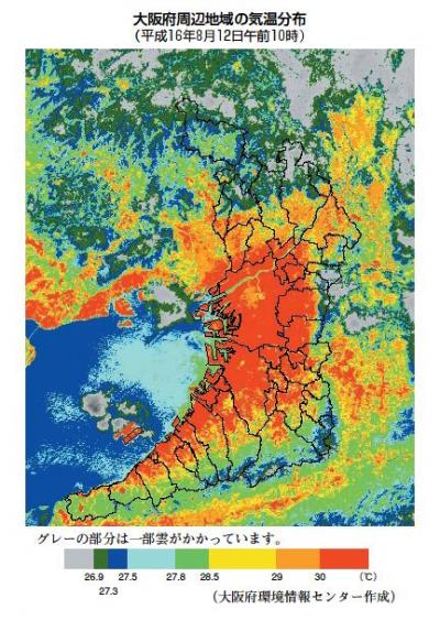 大阪府周辺地域の気温分布（平成16年8月12日午前10時）（大阪府環境情報センター作成）