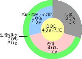 生活排水の分類と1日1人当たりの負荷割合の円グラフ