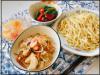 】チャンポン風つけ麺と大甘青とう（青唐辛子）とパプリカのピリ辛炒めの画像