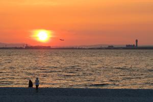 マーブルビーチから関西国際空港を望む夕景を眺めるりんくう公園第1駐車場付近