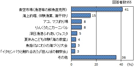 棒グラフ：青空市場（漁港等の鮮魚直売所） 41%、海上釣堀・体験漁業・潮干狩り 15%、アユ・マス釣り場 8%、りんくうたこカーニバル 8%、深日漁港ふれあいフェスタ 5%、夏休みこども体験「海の教室」 4%、魚庭（なにわ）の海づくり大会 3%、「イタセンパラと触れ合おう」「田んぼの観察会」 3%、その他 36%