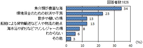 棒グラフ：魚介類が豊富な海 34%、環境保全のための砂浜や干潟 23%、散歩や憩いの場 13%、船舶による貨物輸送など人や物流の拠点 13%、海水浴や釣りなどマリンレジャーの場 8%、わからない 6%、その他 3%