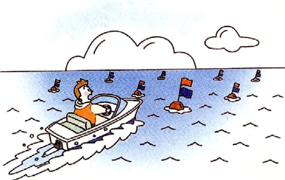 海面に浮いている大きな浮きに驚いているボート操縦士のイラスト