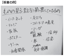 [板書の例]の写真　ものの見方・考え方に影響しているもの　・インターネット・テレビ・家族・ポスター・ゲーム・利害関係・友だち・コメンテーターの意見・マンガ・経験・信仰・本・信念・気分、体調と書いてある写真