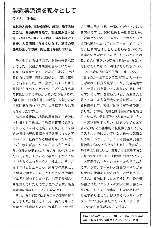 高校卒業後就職。製造業派遣を転々とするもうまくいかず、路上生活を続けている若者ホームレスの声。