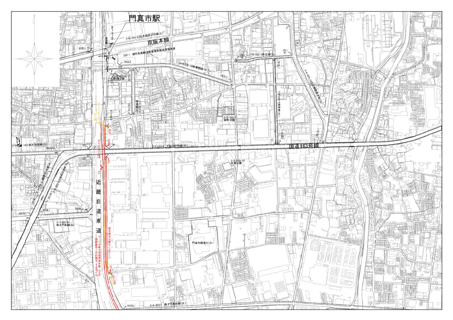 門真市、大阪市、大東市域の縮尺が2500分の1の計画図を4分割した内の北から1枚目です。