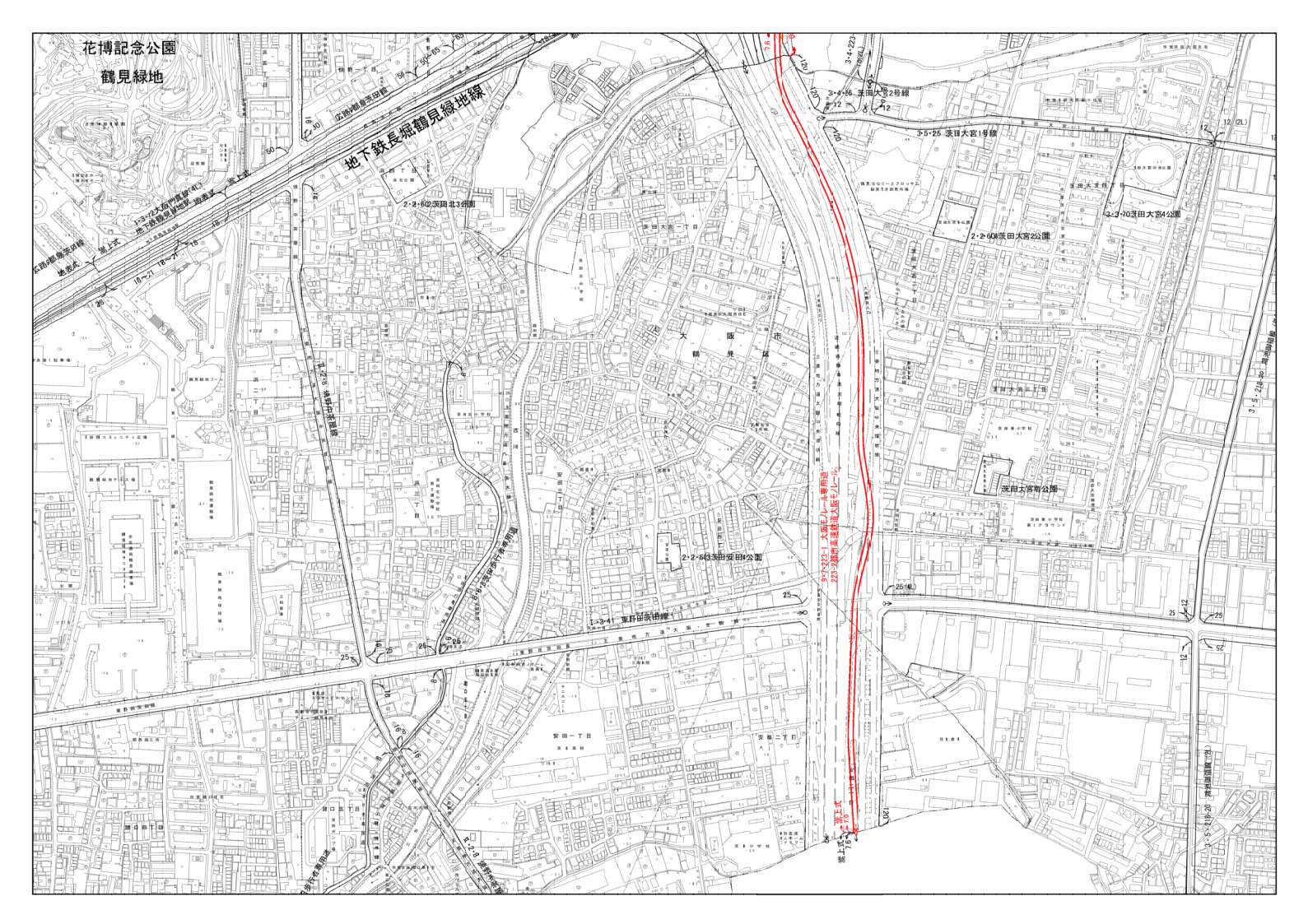 門真市、大阪市、大東市域の縮尺が2500分の1の計画図を4分割した内の北から4枚目です。