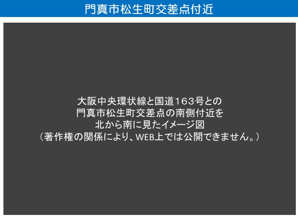 中央環状線と国道163号との門真市松生町交差点南側付近イメージ図です。このページは著作権の関係により、WEB上では公開できません