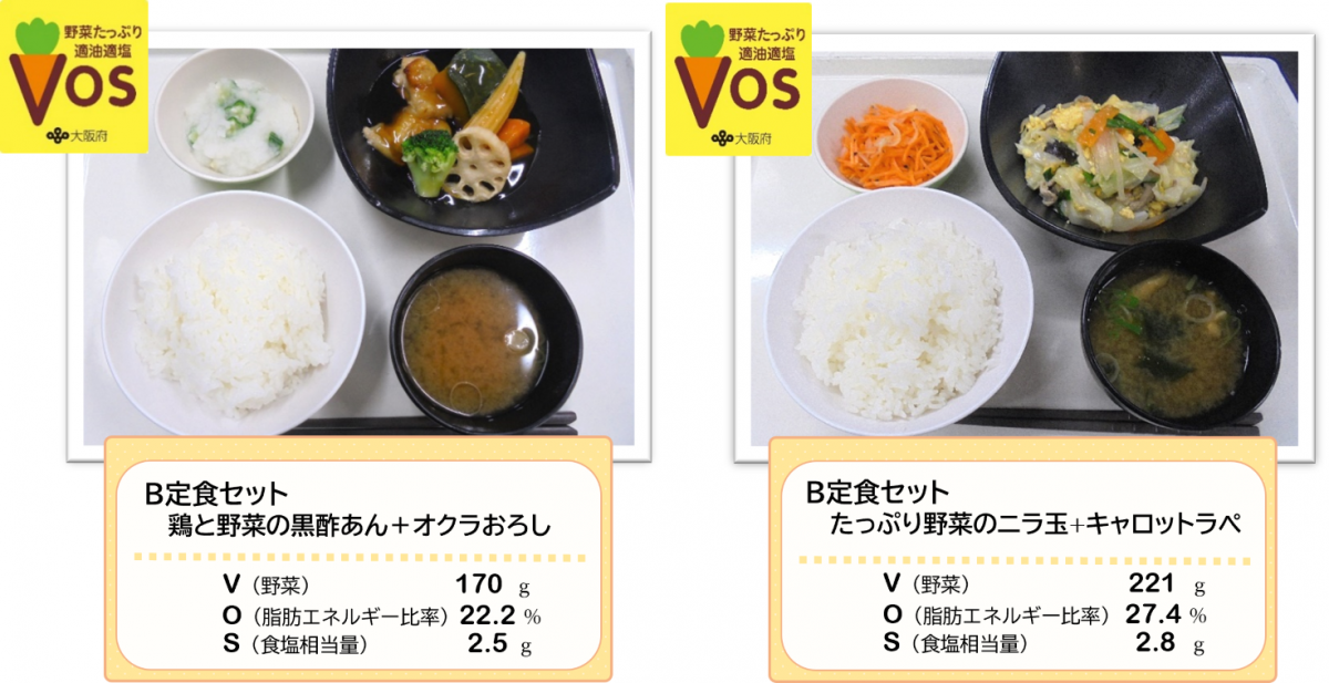 柳沢製作所ボスメニュー左：B定食セット鶏と野菜の黒酢あん・右：B定食セットたっぷり野菜のニラ玉