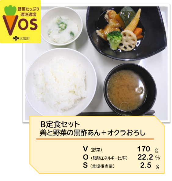 B定食セット鶏と野菜の甘酢あん＋オクラおろし 　野菜170g、脂肪エネルギー比率22.2%、食塩相当量2.5%
