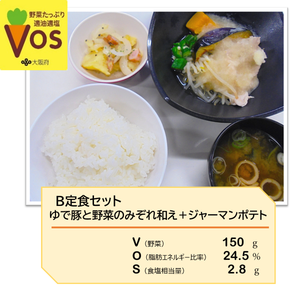 B定食セットゆで豚と野菜のみぞれ和え＋ジャーマンポテト　野菜150g、脂肪エネルギー比率24.5%、食塩相当量2.8%