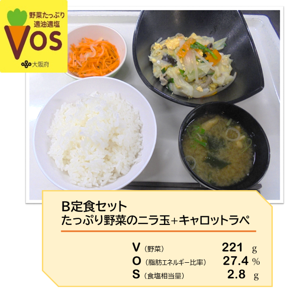B定食セットたっぷり野菜のニラ玉＋キャロッラぺ 　野菜170g、脂肪エネルギー比率22.2%、食塩相当量2.5%