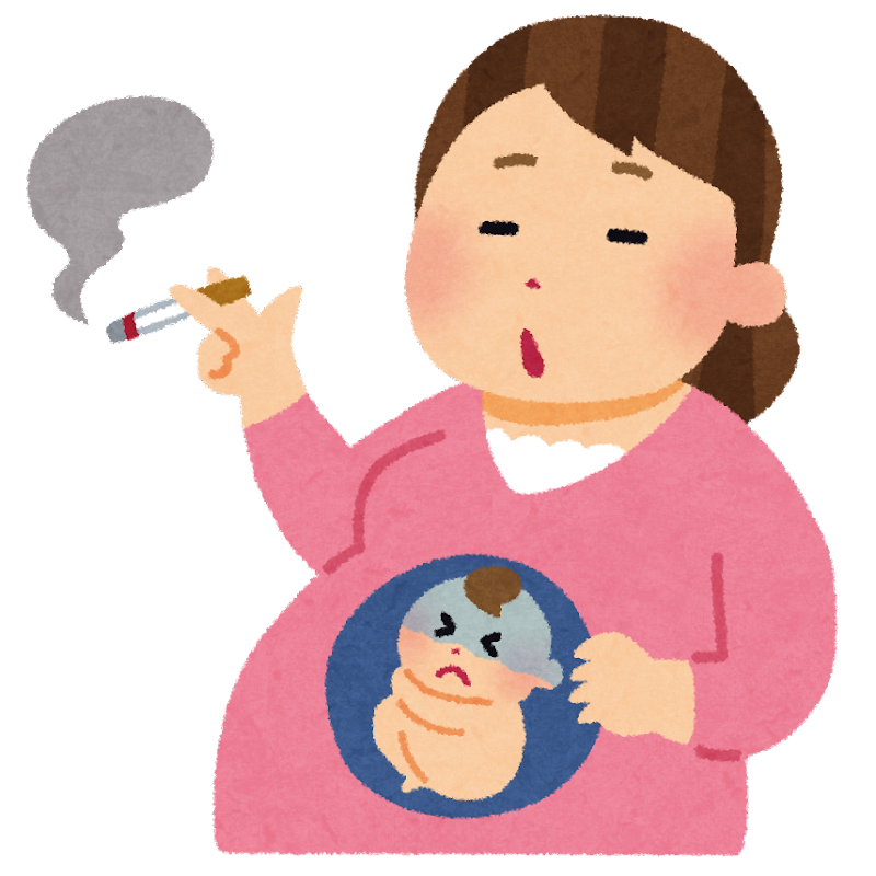 喫煙する妊婦とお腹の中で苦しい思いをしている赤ちゃん