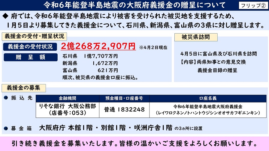 令和6年能登半島地震の大阪府義援金の贈呈についてのフリップ