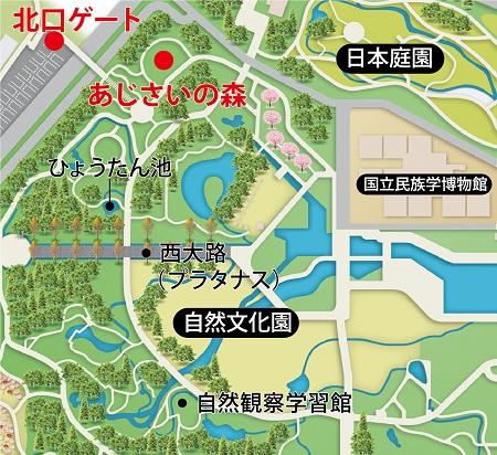 北口ゲートとあじさいの森の位置図