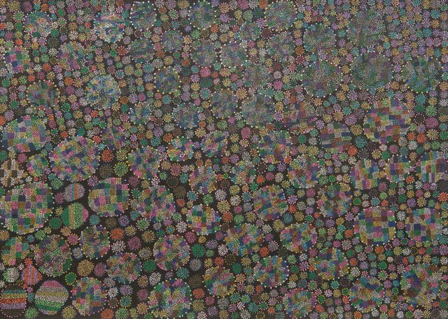 有田京子「ドッカン花火」紙にアクリル絵具、フェルトペン、2015、539×763 mm
