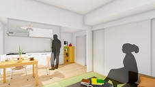 2DKの和室からDKを見る