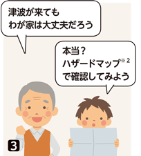 祖父が「津波が来てもわが家は大丈夫だろう」と言うと、孫が「本当？ハザードマップ（※2）で確認してみよう」と返事。