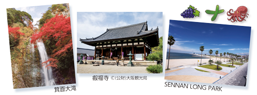 大阪の観光地である箕面大滝、叡福寺、SENNAN LONG PARKの写真が並んでいる画像。（叡福寺の写真の著作権は公益財団法人大阪観光局）