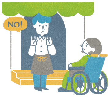 階段の前で入店を断られている車いす使用者のイラスト