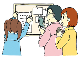 書きとめたものをみんなに共有している人のイラスト